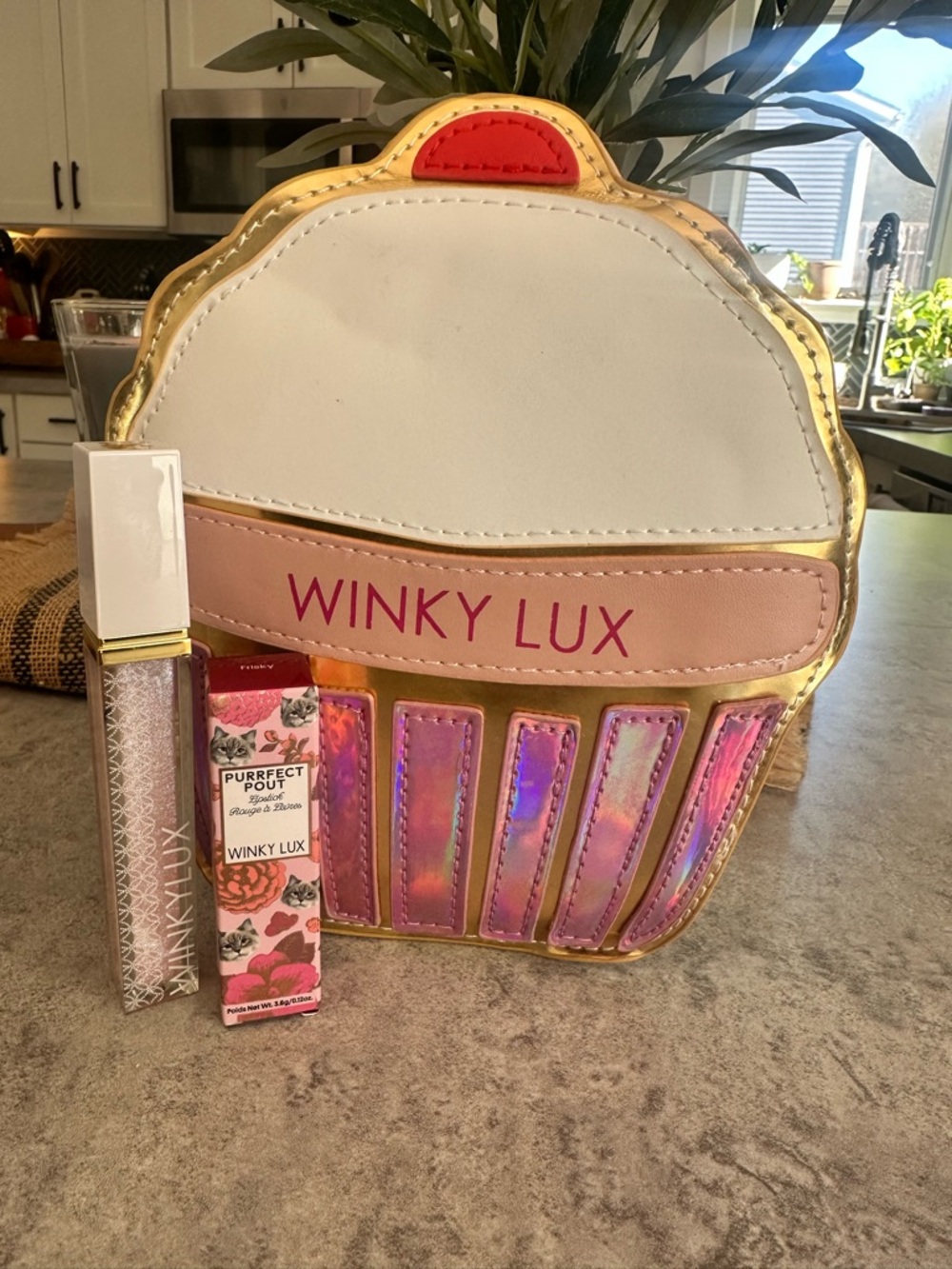 WINKY LUX White, Pink & Gold Cupcake Cosmetic Bag with Pink Lip Gloss
